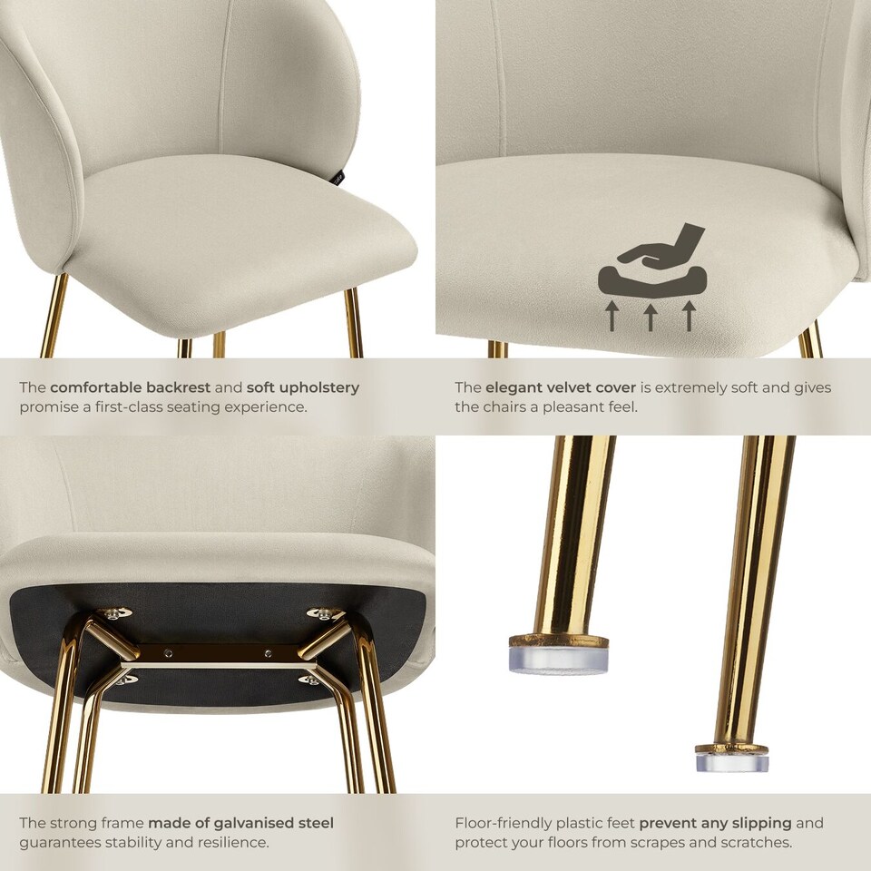 image 1 of Bar Stool Luana - with backrest, velvet look and padded | Cream | cream/gold | 60 x 51 x 106 cm | 2