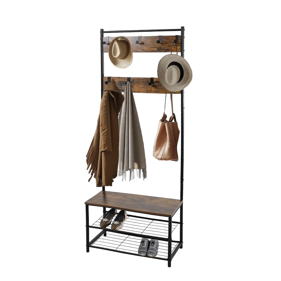 image 1 of House of Home Coat Rack Stand with Shoe Storage Bench 9 Hooks Rustic Brown Entrance Hall | Brown | Rustic Brown