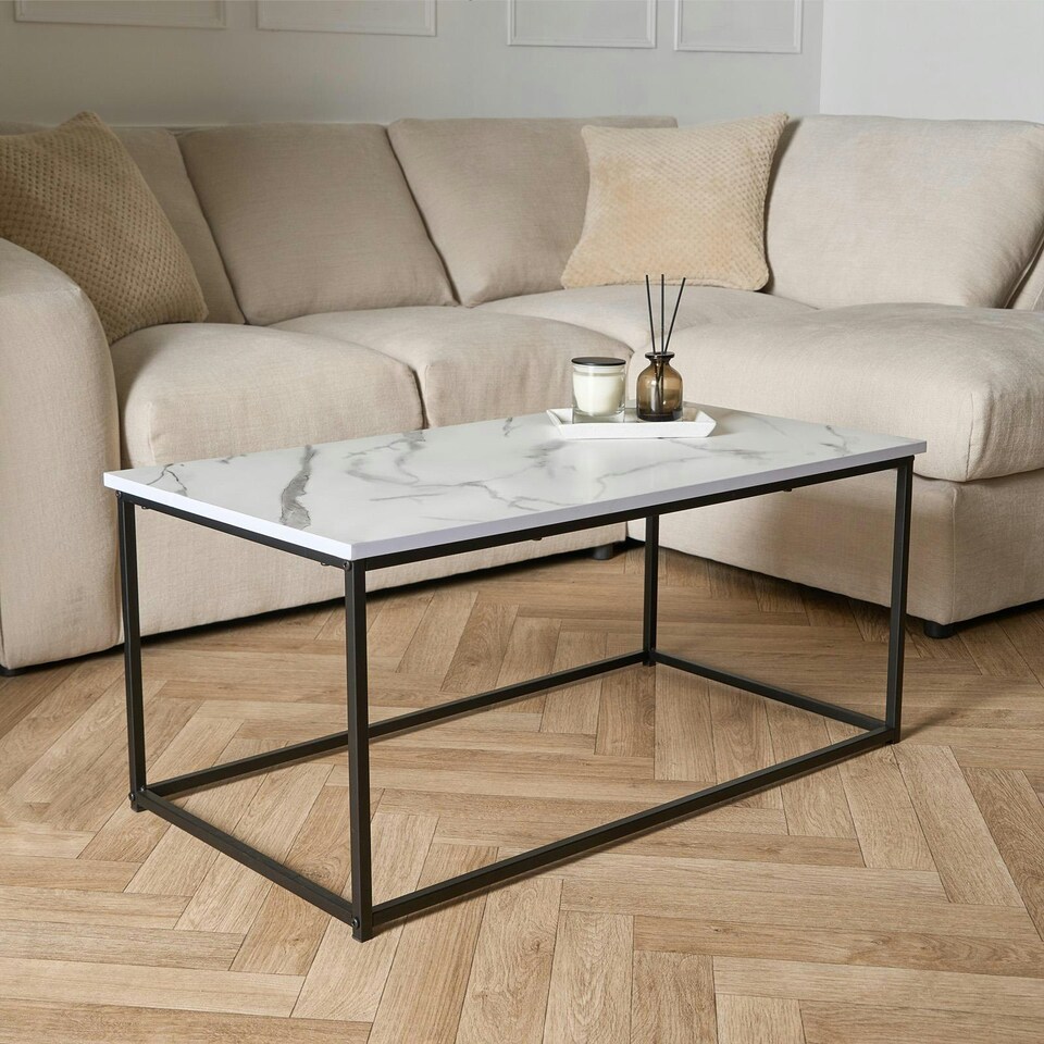 image 1 of OHS Marble Top Metal Framed Home Living Room Modern Coffee Table - White