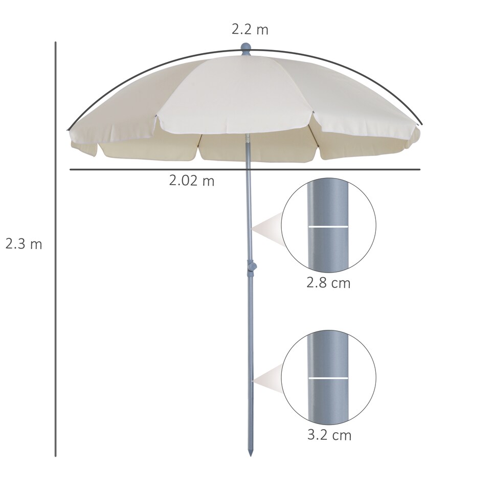image 1 of Outsunny 2.2m Beach Umbrella, Portable Parasol with Tilting Function, Outdoor Sunshade Shelter with 8 Ribs for Garden, Pool and Patio, Cream White