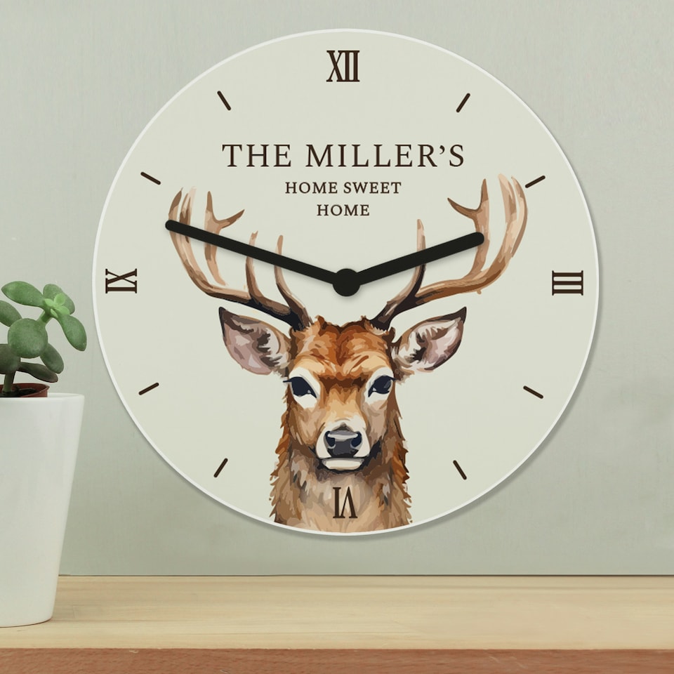 image 1 of Personalised Watercolour Stag Wooden Clock