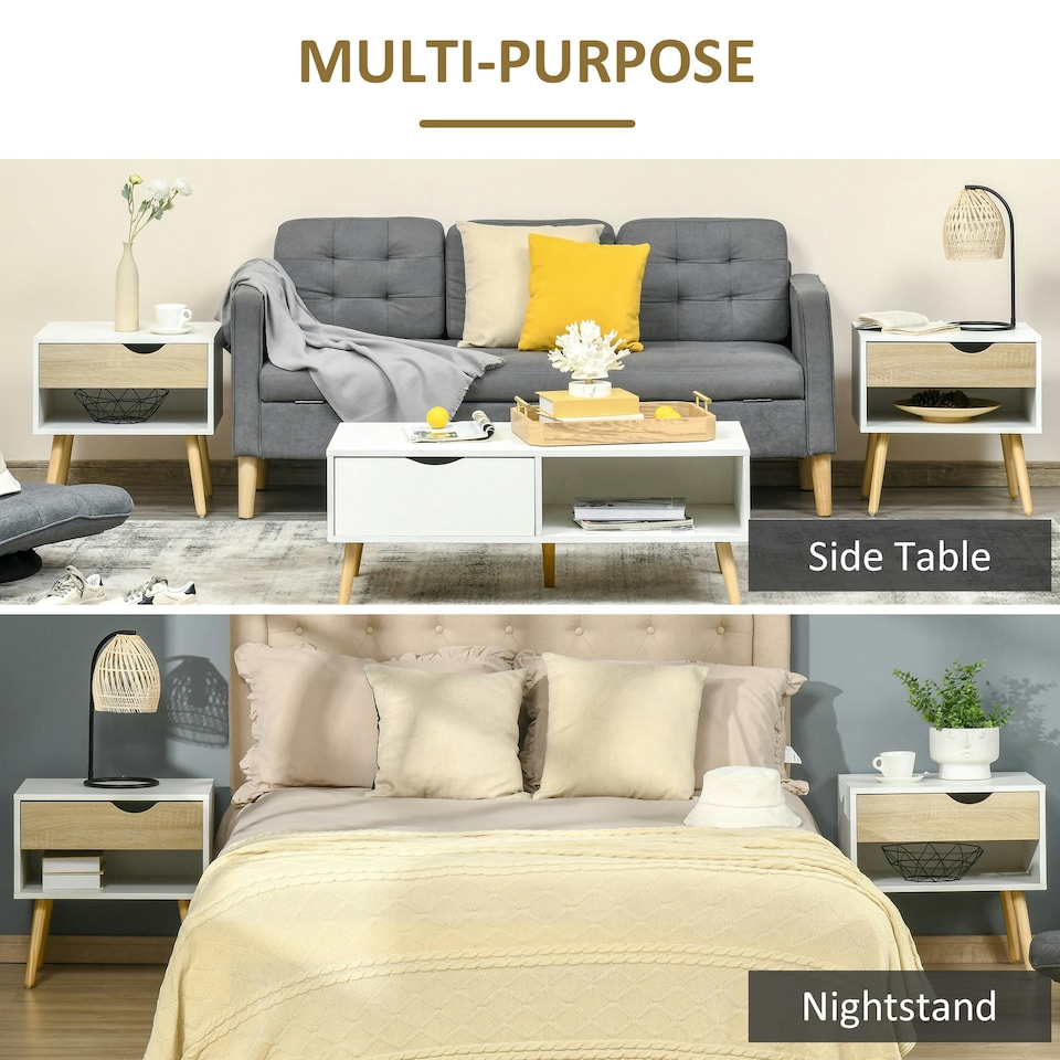 image 1 of HOMCOM Set of 2 Bedside Table with Drawer & Shelf, Nightstand for Bedroom