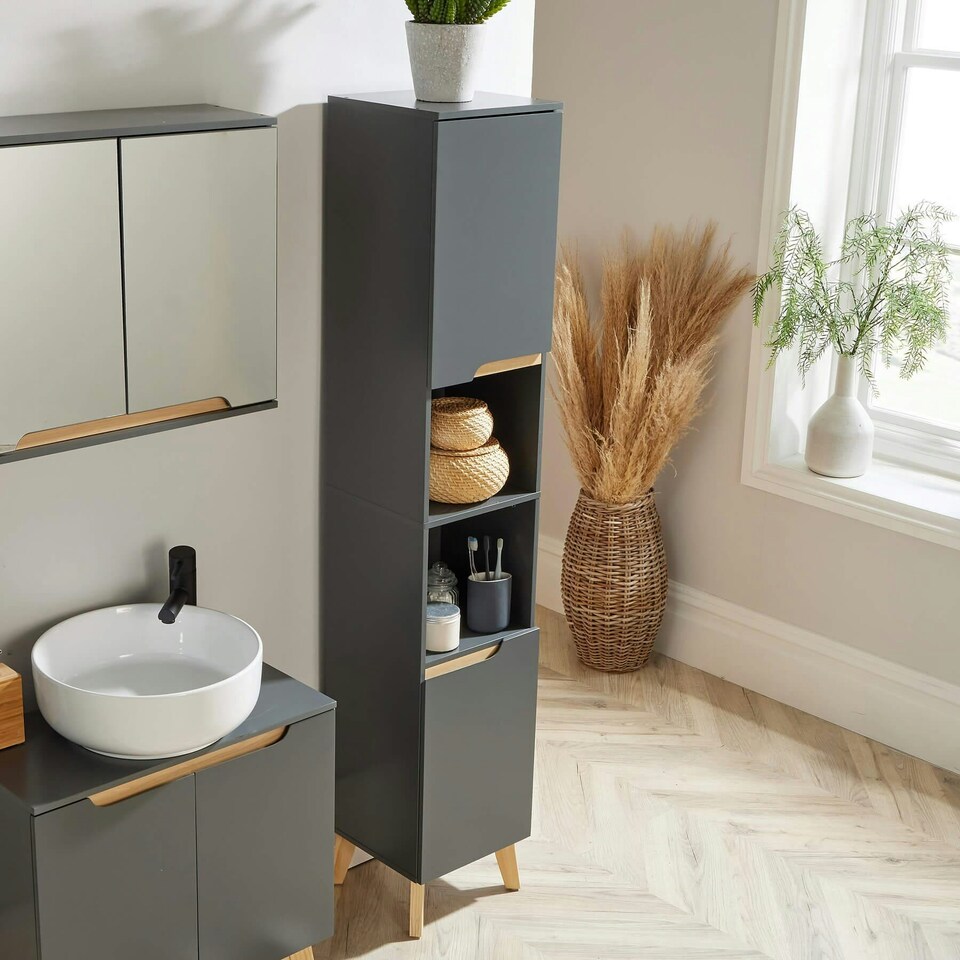 image 1 of Bathroom Tall Storage Cabinet Open Shelving Unit 2 Door Tallboy | Grey