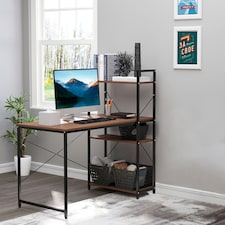 HOMCOM Computer Desk Laptop Table w/4-tier Bookshelf Metal Frame Walnut, Black