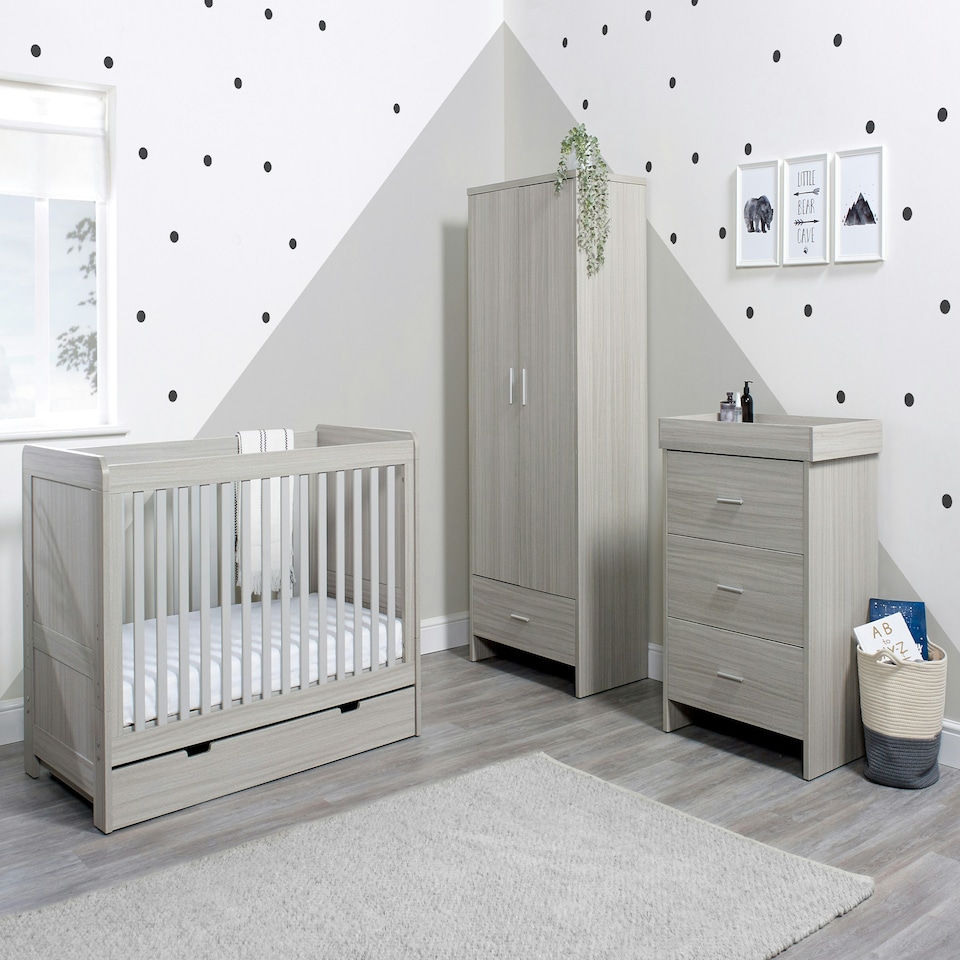 image 1 of Pembrey 3 Piece Furniture - Cot Bed, Changing Unit, Wardrobe & Fibre Mattress, Suitable from Birth to 4 Years (Ash Grey)