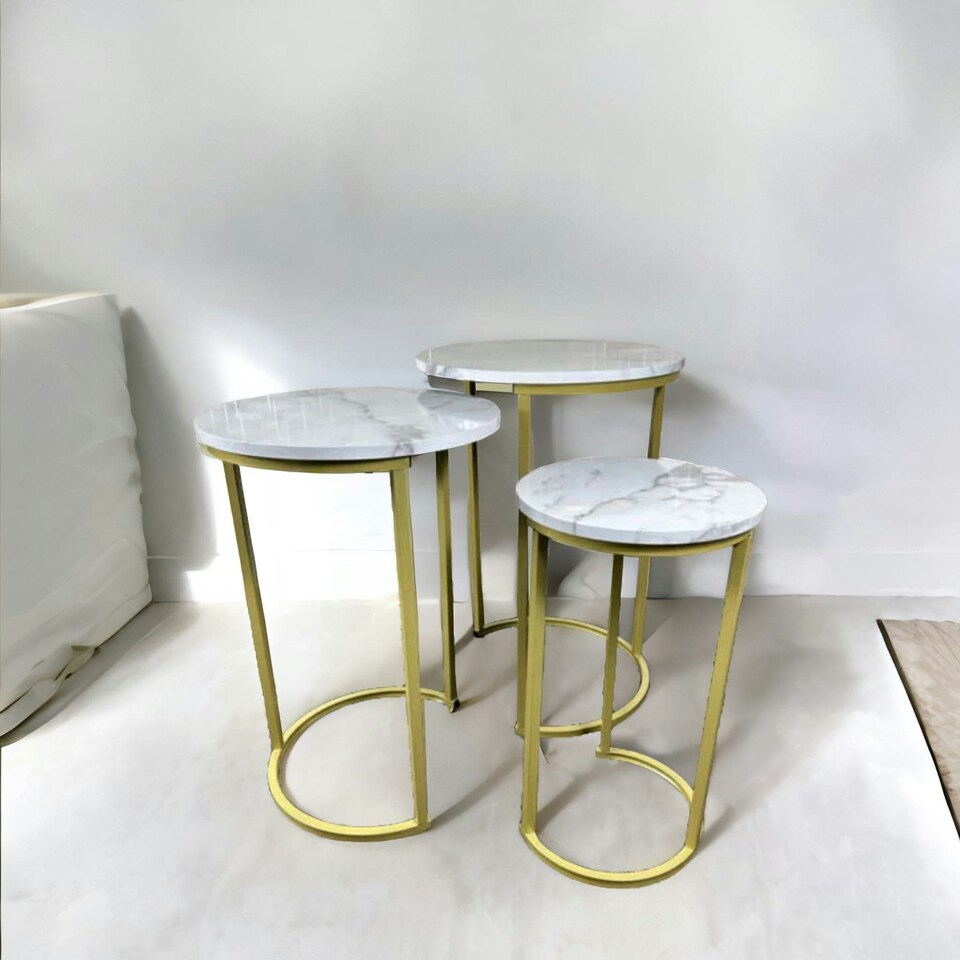 image 1 of Set Of 3 Gold Nesting Tables With Faux Marble Top White