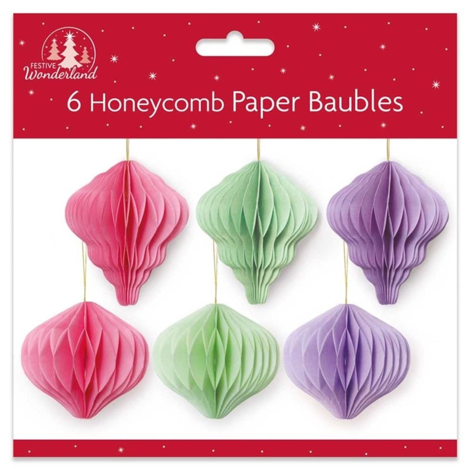 image 1 of Pack of 6 Bright Assorted Honeycomb Paper Christmas Baubles Decorations