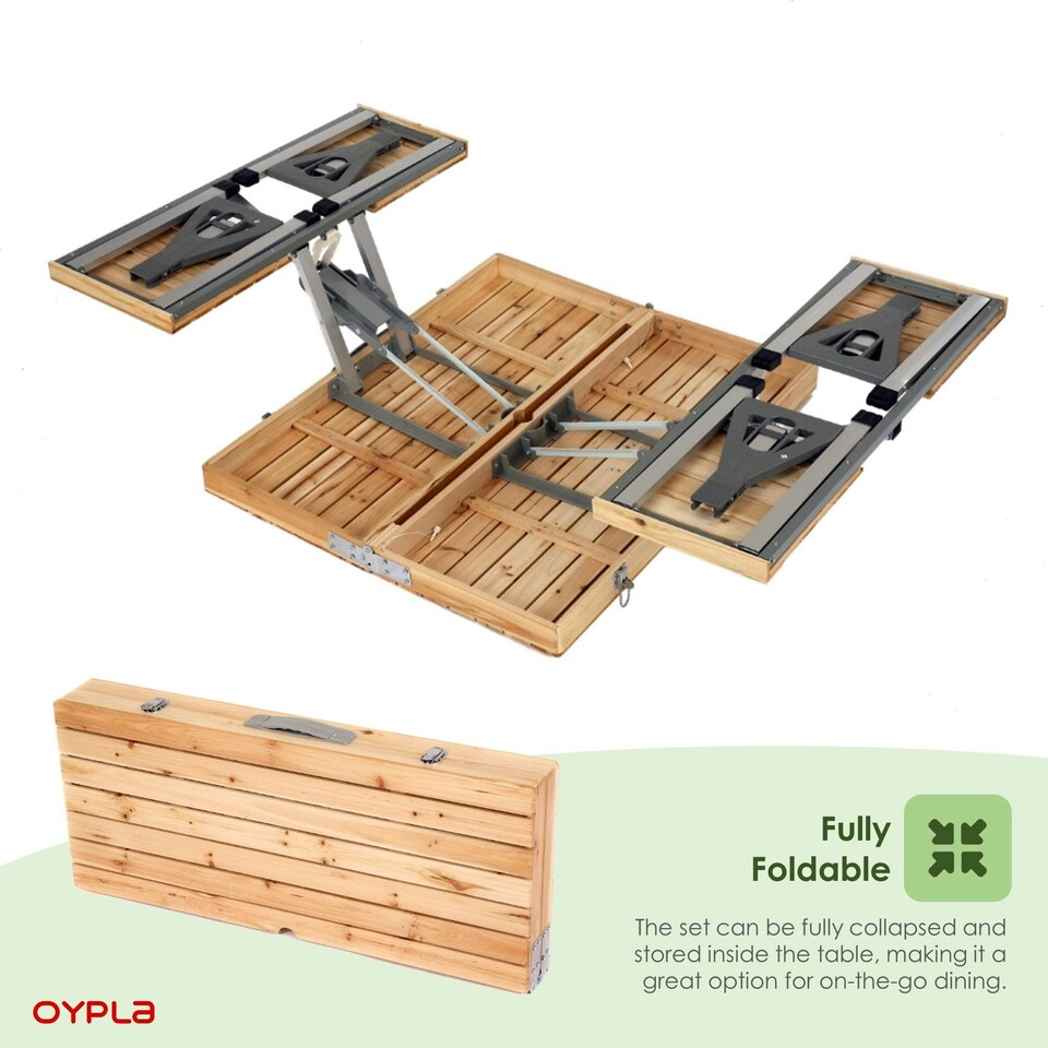 image 1 of Oypla Portable Wooden Folding Outdoor Picnic Table and Bench Set 4 Seats Brown