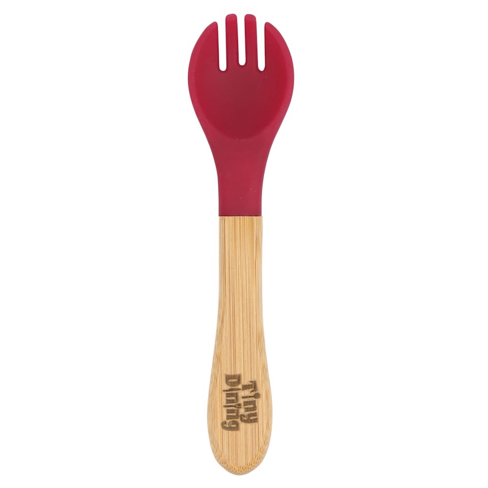image 1 of Tiny Dining Bamboo Silicone Tip Fork & Spoon Set - Cherry - Children's Baby Toddler Soft Curved Feeding Weaning Cutlery
