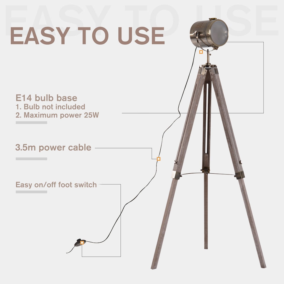 image 1 of HOMCOM Industrial Tripod Floor Lamp, Nautical Searchlight with Adjustable Height, Wood Legs, E14 Lamp Base for Living Room, Bedroom, Grey and Bronze