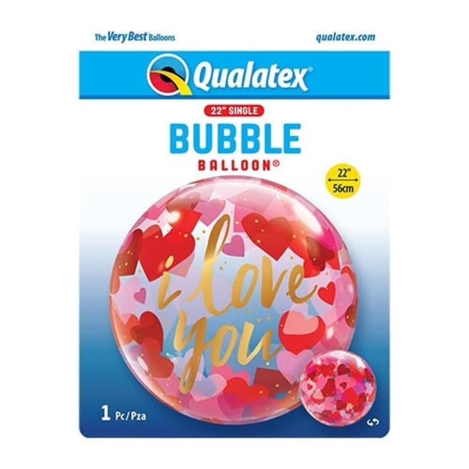 image 1 of I Love You Paper Hearts See-Thru Bubble Helium Qualatex Balloon 56cm / 22 in Multi