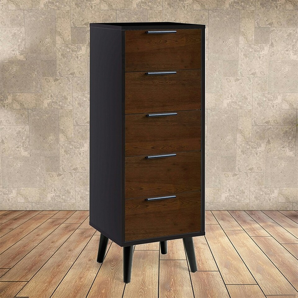 image 1 of Walnut Oak and Matt Black Narrow Chest of Drawers (5 Drawers)