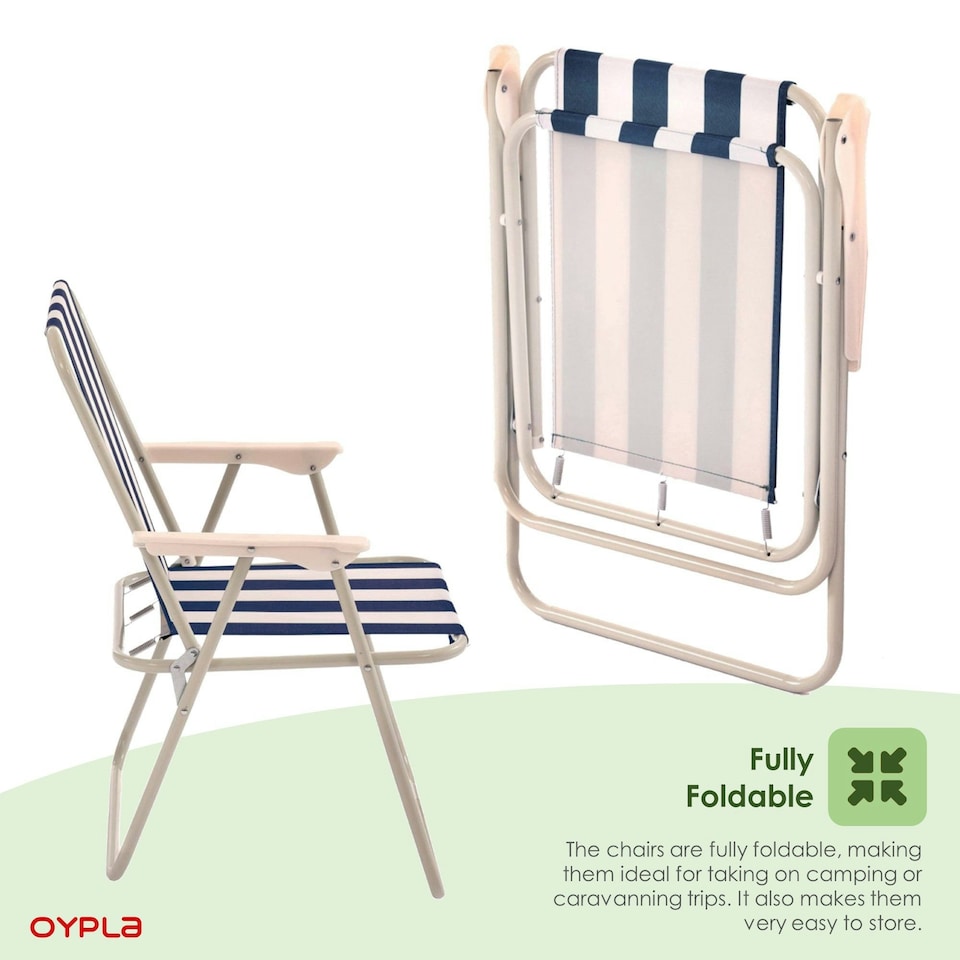 image 1 of Oypla 2x Stripey Camping Festival Party Folding Outdoor Chairs with Armrests Blue