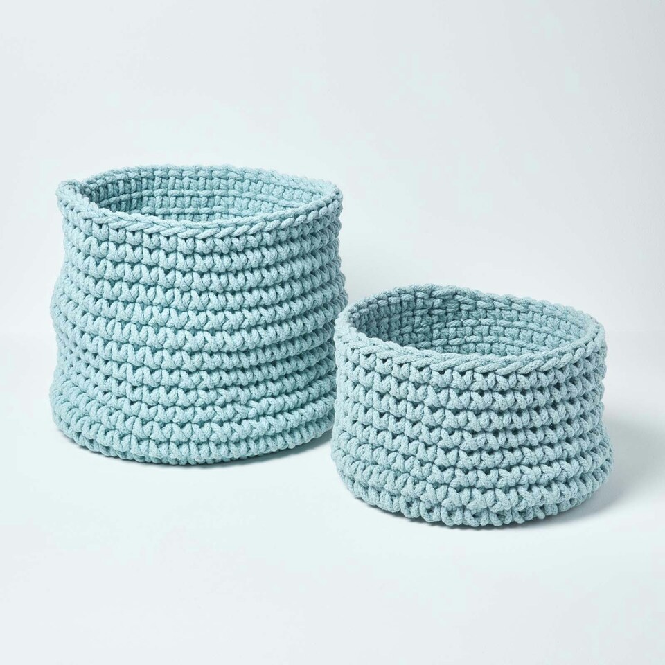 image 1 of Homescapes Pastel Blue Cotton Knitted Round Storage Basket - 42 x 37 cm Blue | L