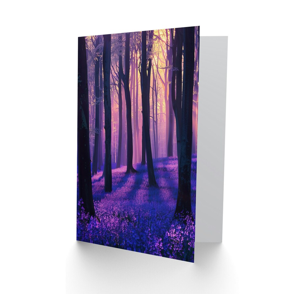 image 1 of Realistic Purple Bluebell Forest Dawn Sun Him Her Birthday Card