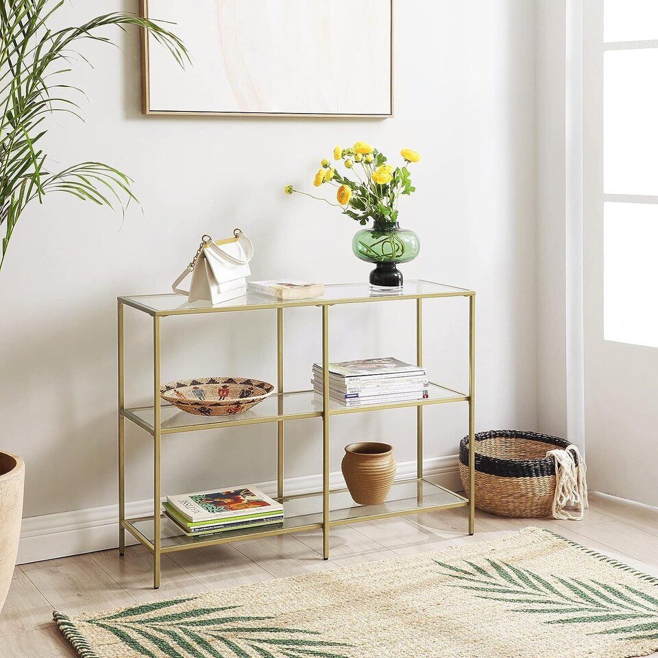 image 1 of 3-Tier Glass Sofa Console Table with Storage Shelves, Easy Assembly, Gold