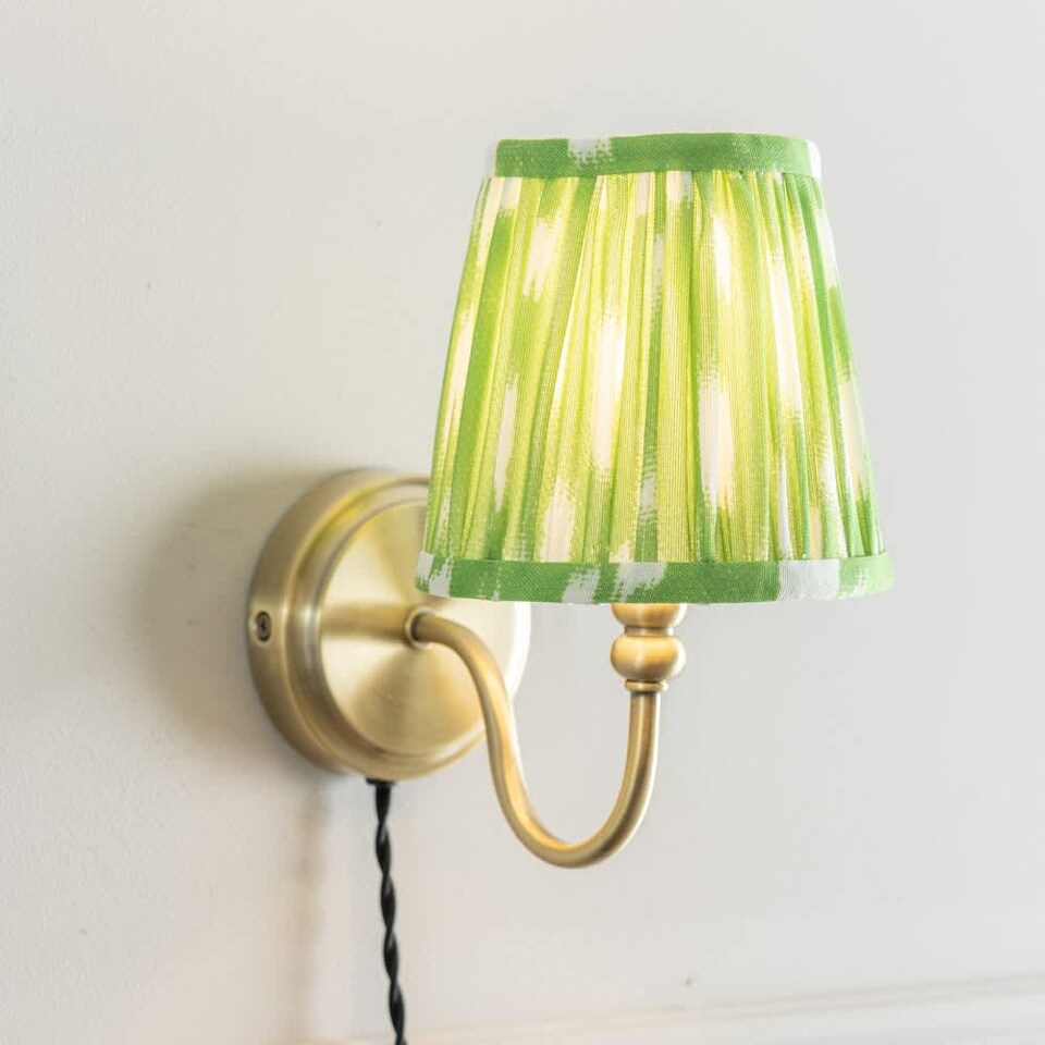 image 1 of ValueLights Neely Plug Antique Brass Wall Light Green Pleat Shade | Green
