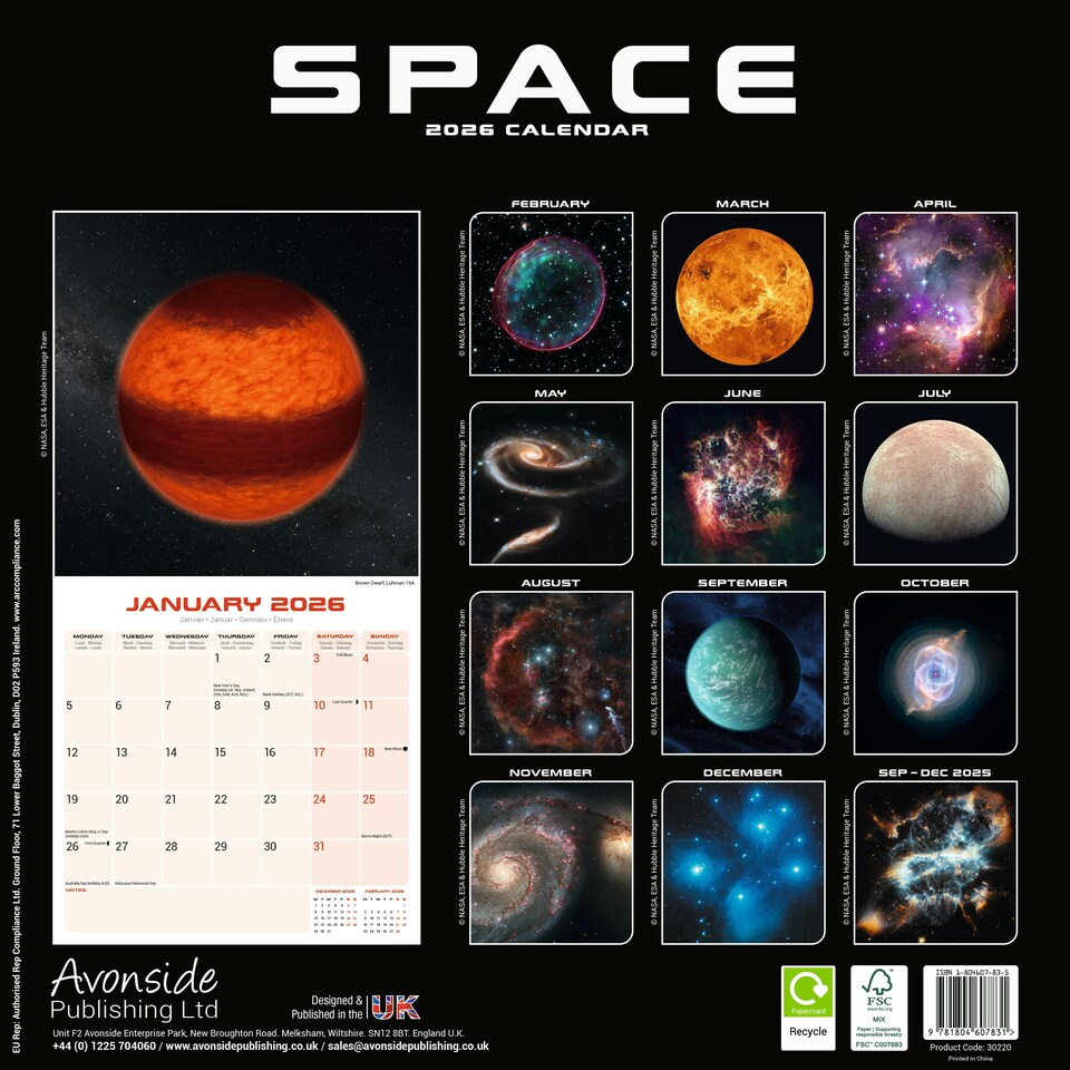 image 1 of Space 2026 Calendar | Square Wall Calendar | Space Gift | Plastic Free Packaging | by Avonside Publishing