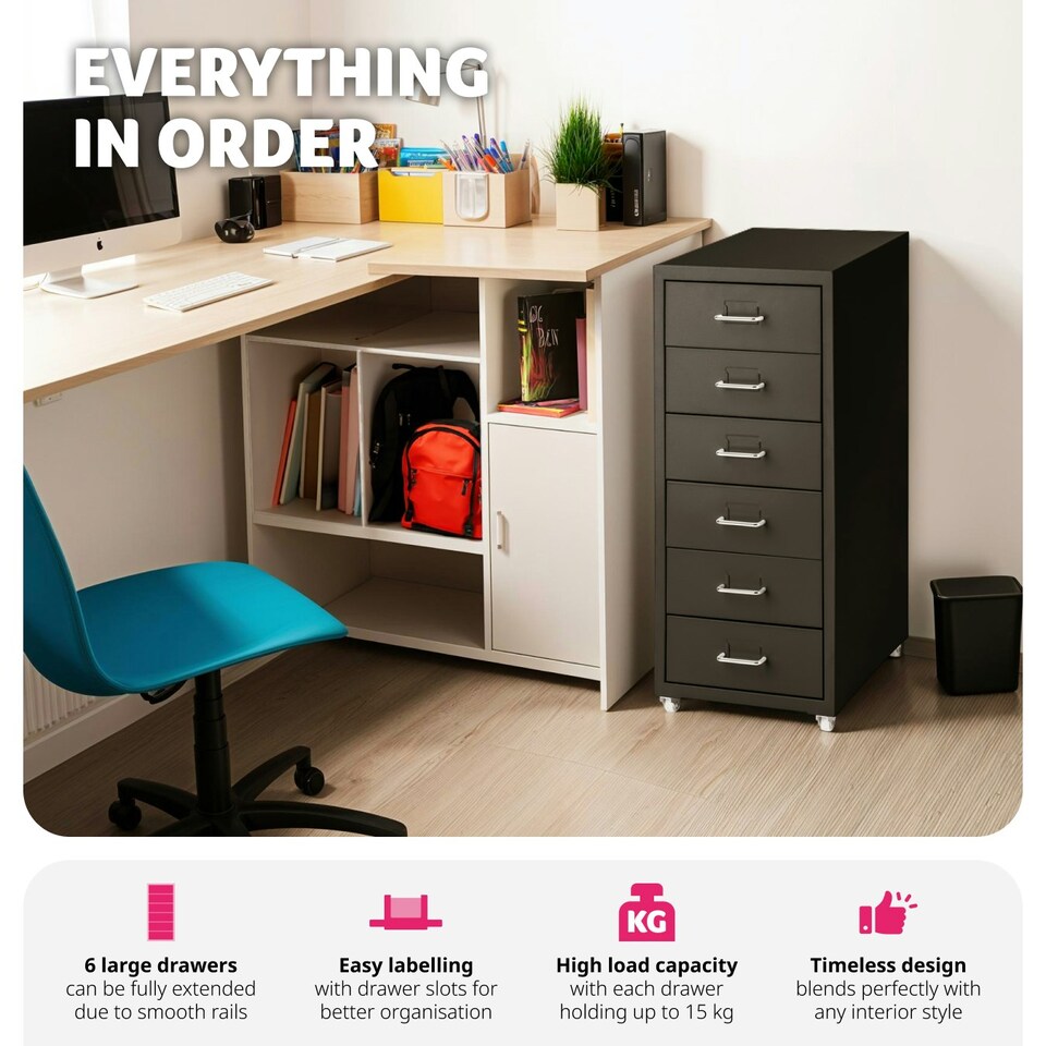 image 1 of Filing Cabinet - made of steel, 4 wheels, 6 drawers, label holders, easy assembly Black