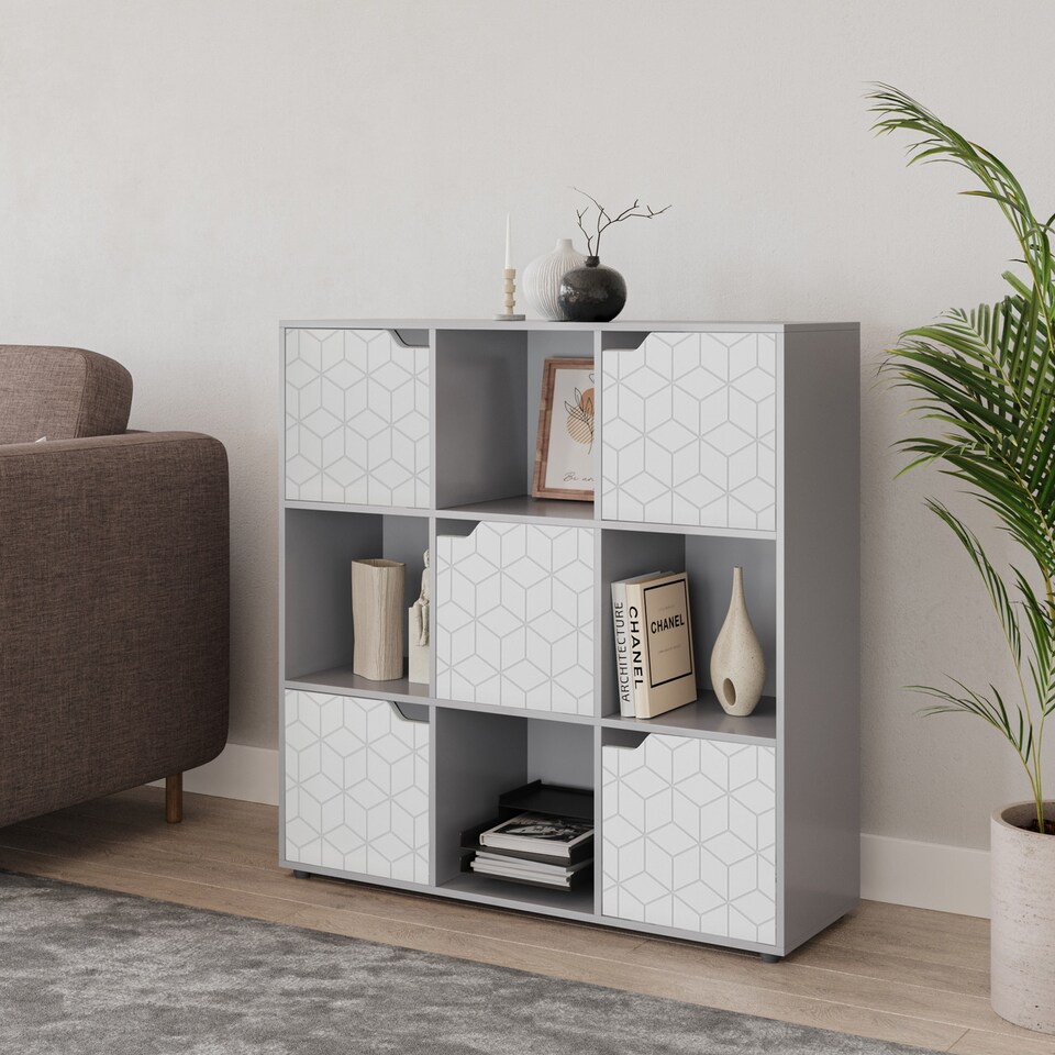 image 1 of 9-Cube Shelving Unit With Geo Doors - Square | Grey | Grey & White | 1