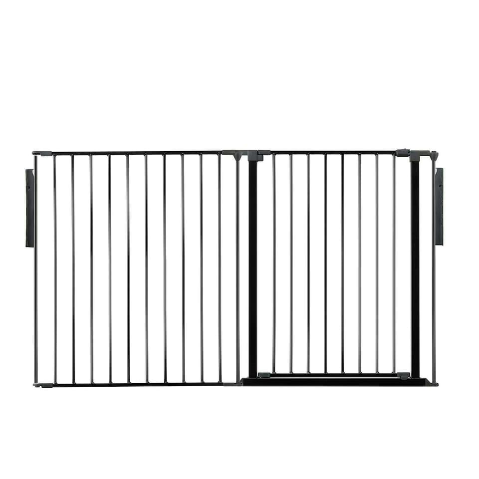image 1 of Safetots Premium Extra Tall Room Divider, up to 154cm Wide, Black, 105cm Tall, Multi Panel Flexible Room Barrier, Room Divider with Door for Baby Black