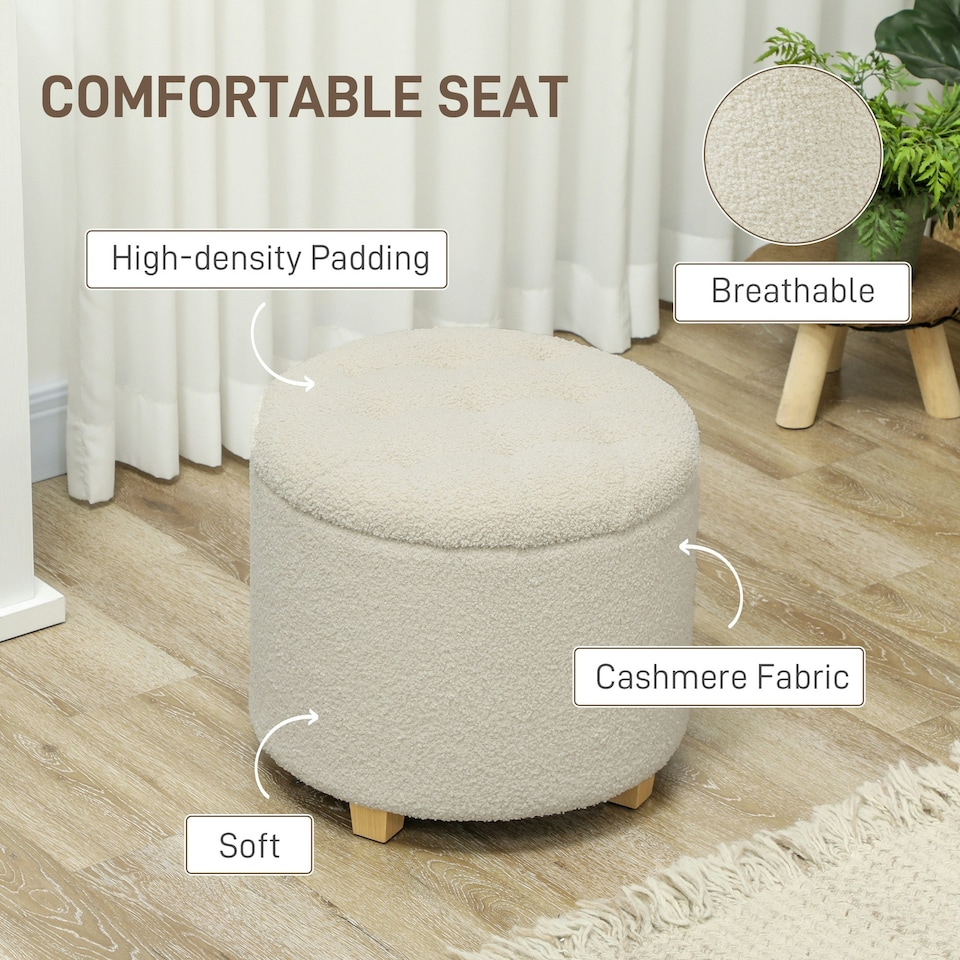 image 1 of HOMCOM 45cm Round Ottoman with Storage, Lid, Cashmere Footstool, Cream White | Cream
