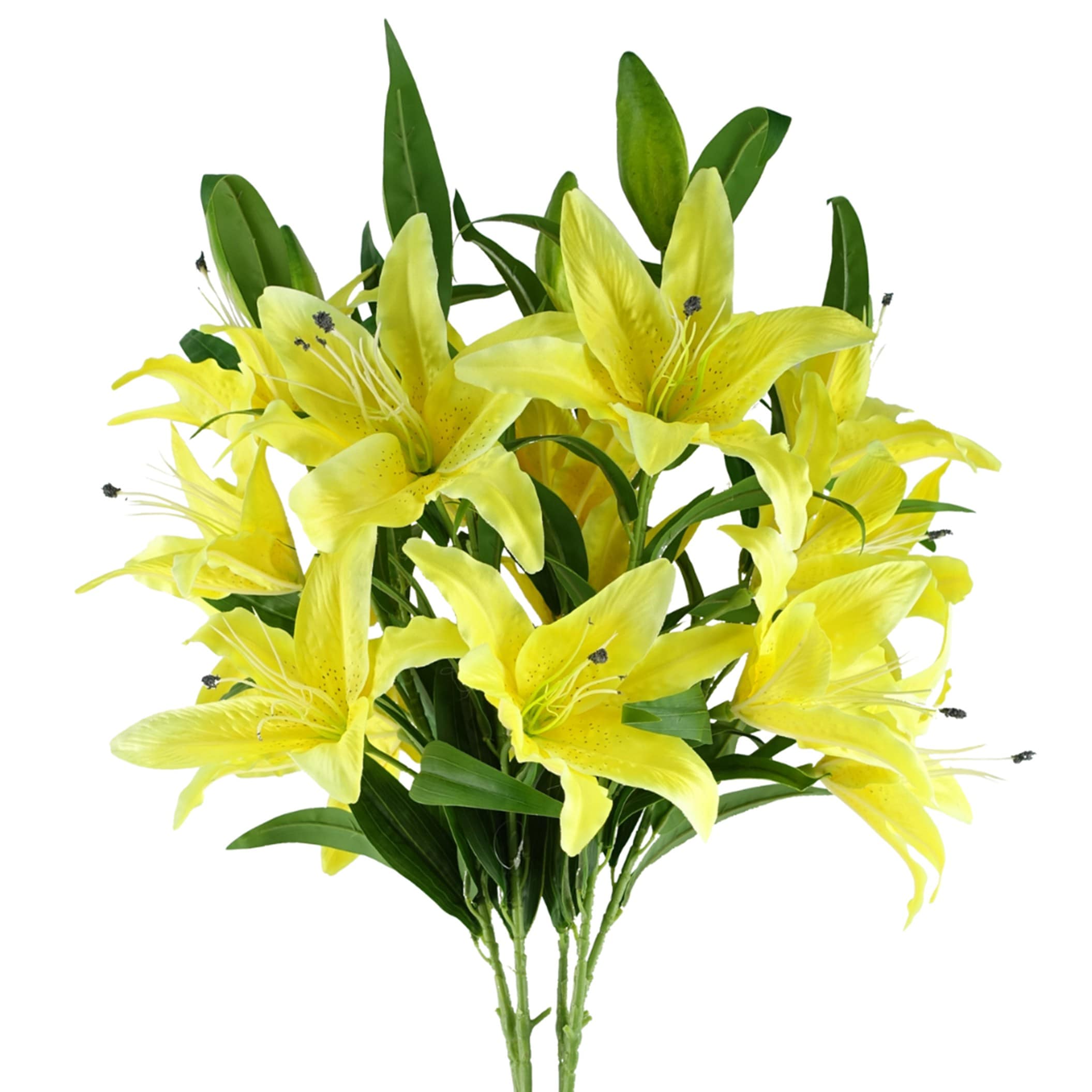 Pegdev Pack of 6 Yellow Lily Stems 100cm with 18 Silk Flowers