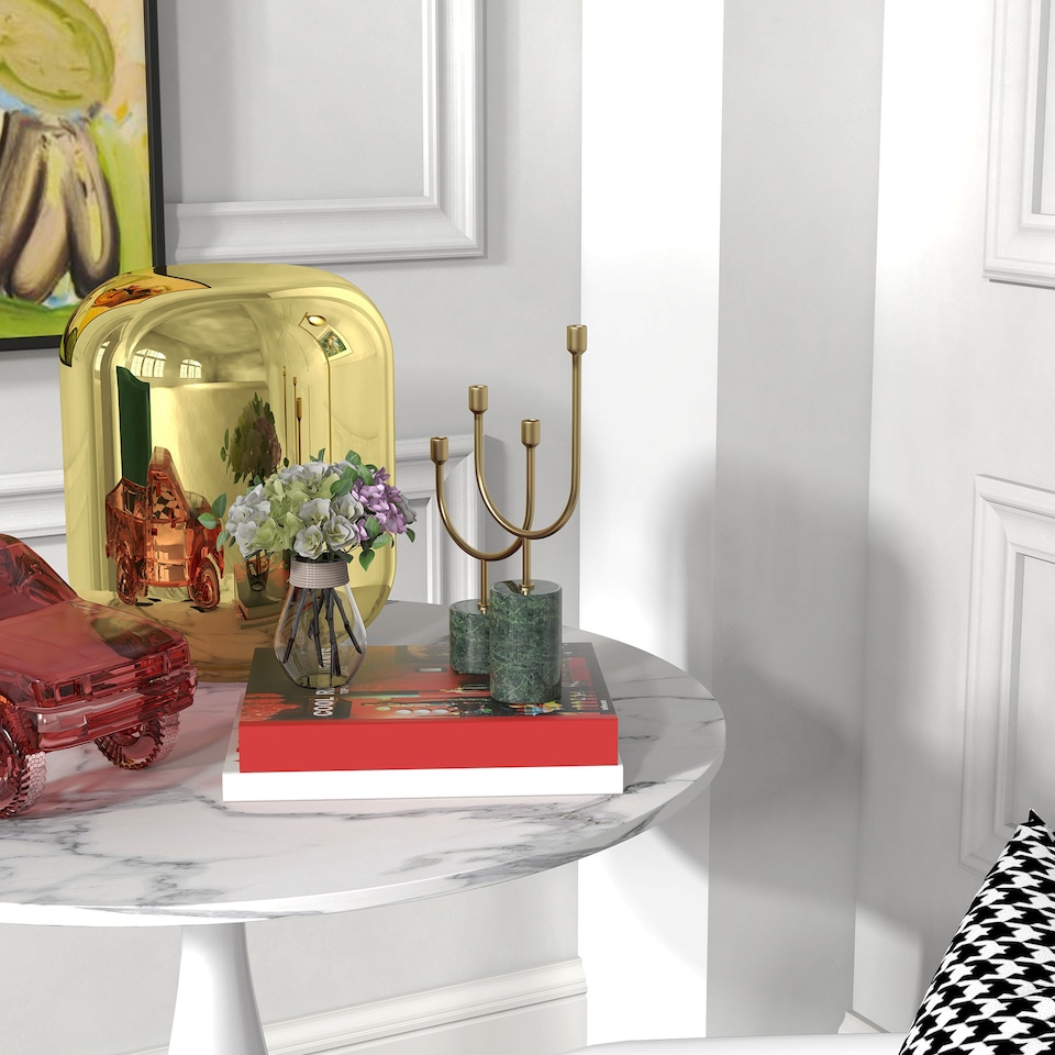 image 1 of HOMCOM Round Dining Table for 2, Modern Kitchen Table with Steel Base, Non-slip Foot Pad for Living Room, Dining Room, Faux Marbled White