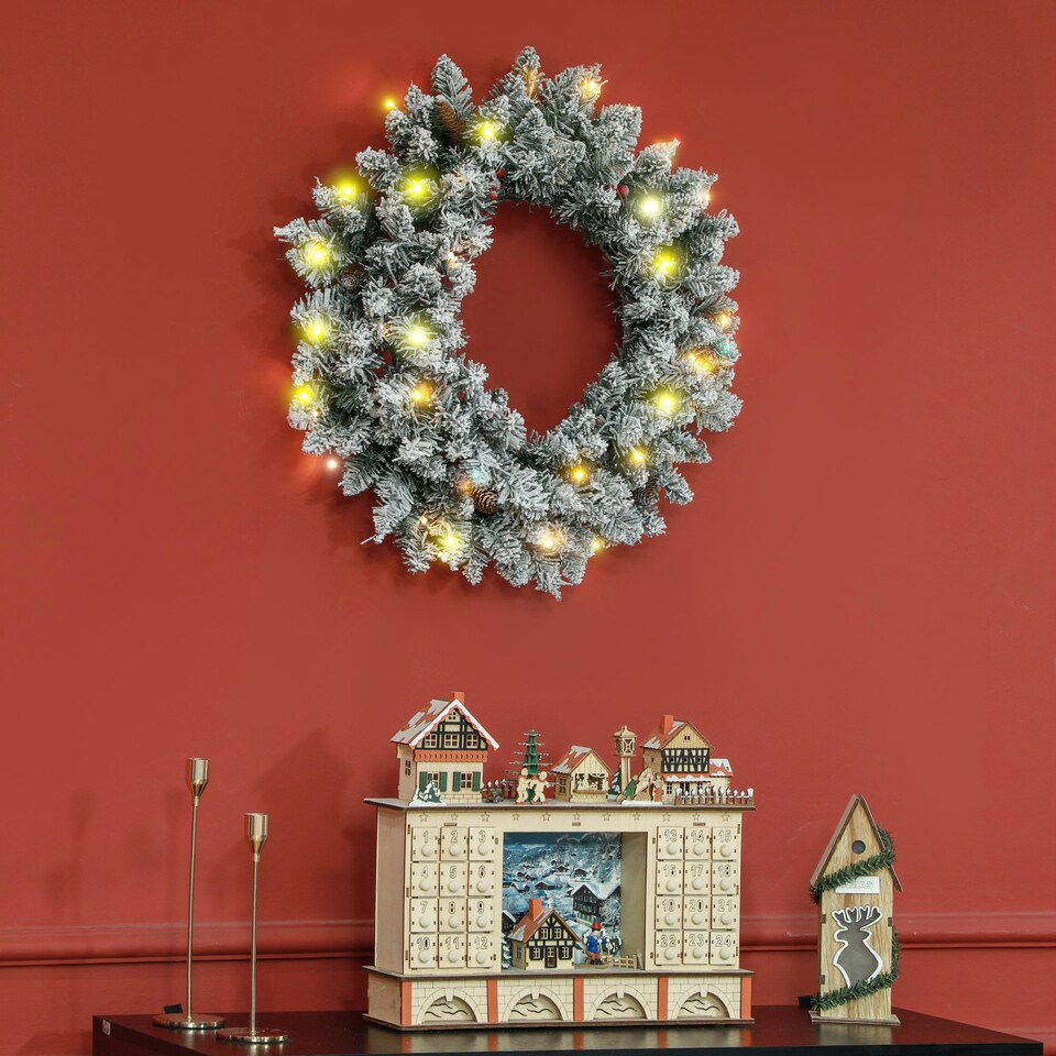 image 1 of HOMCOM 60cm Flocked Christmas Wreath with Lights Pine Cones Berries Green