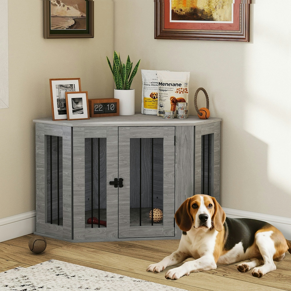 image 1 of PawHut Dog Crate Furniture for Medium Dogs w/ Cushion, Large Door - Grey