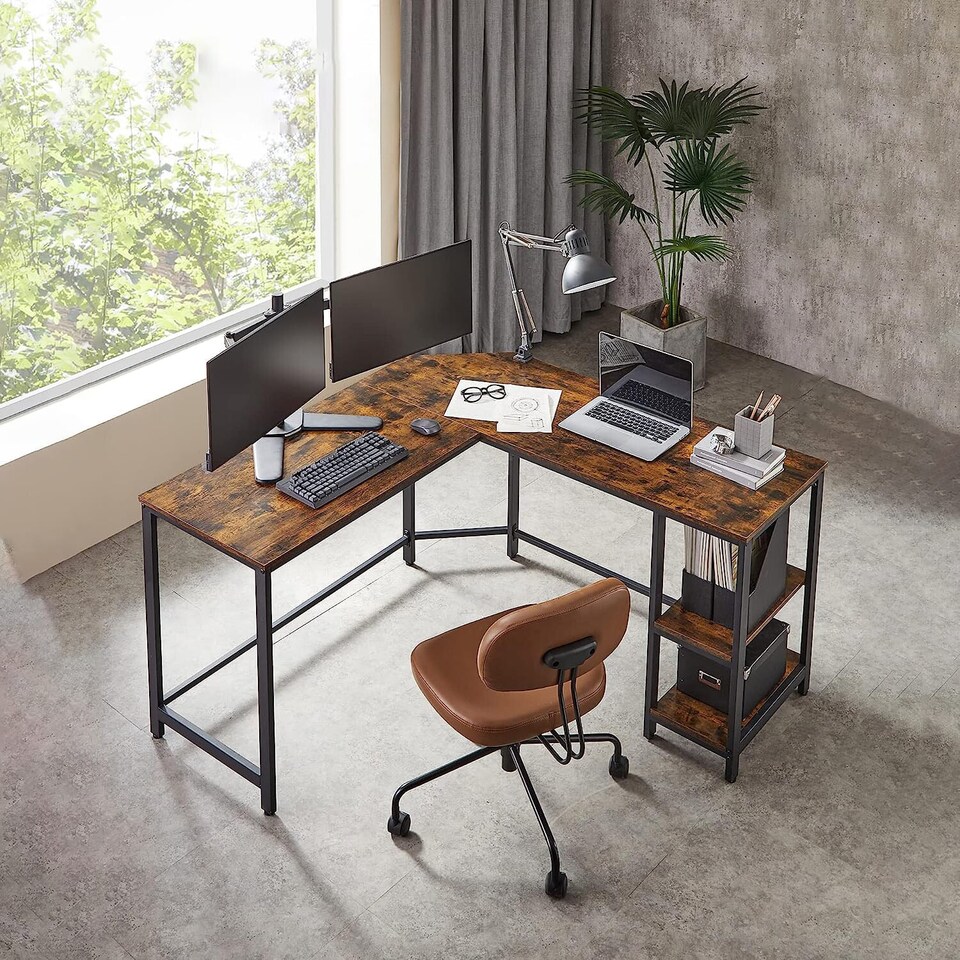 image 1 of Space Saving L-Shaped Computer Desk with Shelves, Home Office Workstation, Rustic Brown and Black