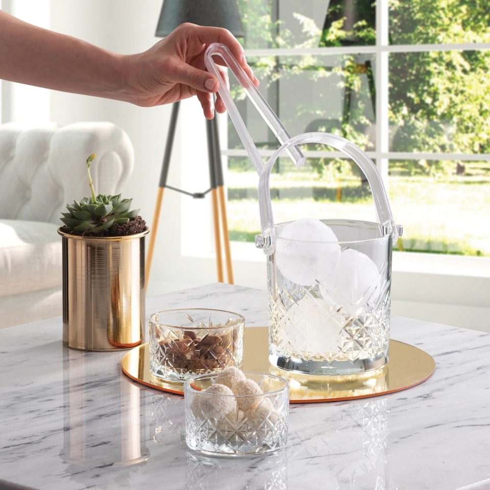 image 1 of 13cm Pasabahce Small Glass Ice Cubes Bucket with Carry Handle & Tongs Drinks Party