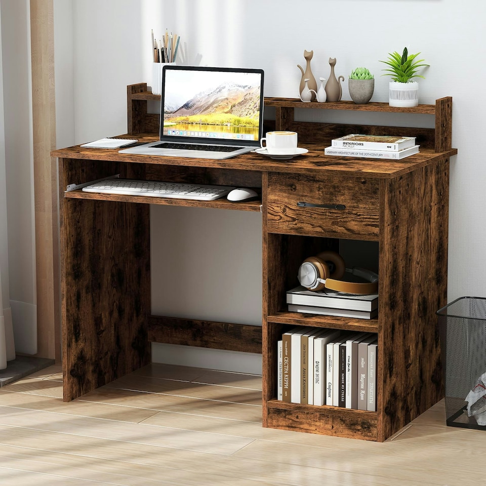 image 1 of COSTWAY Computer Desk Workstation w/Display Shelf Brown