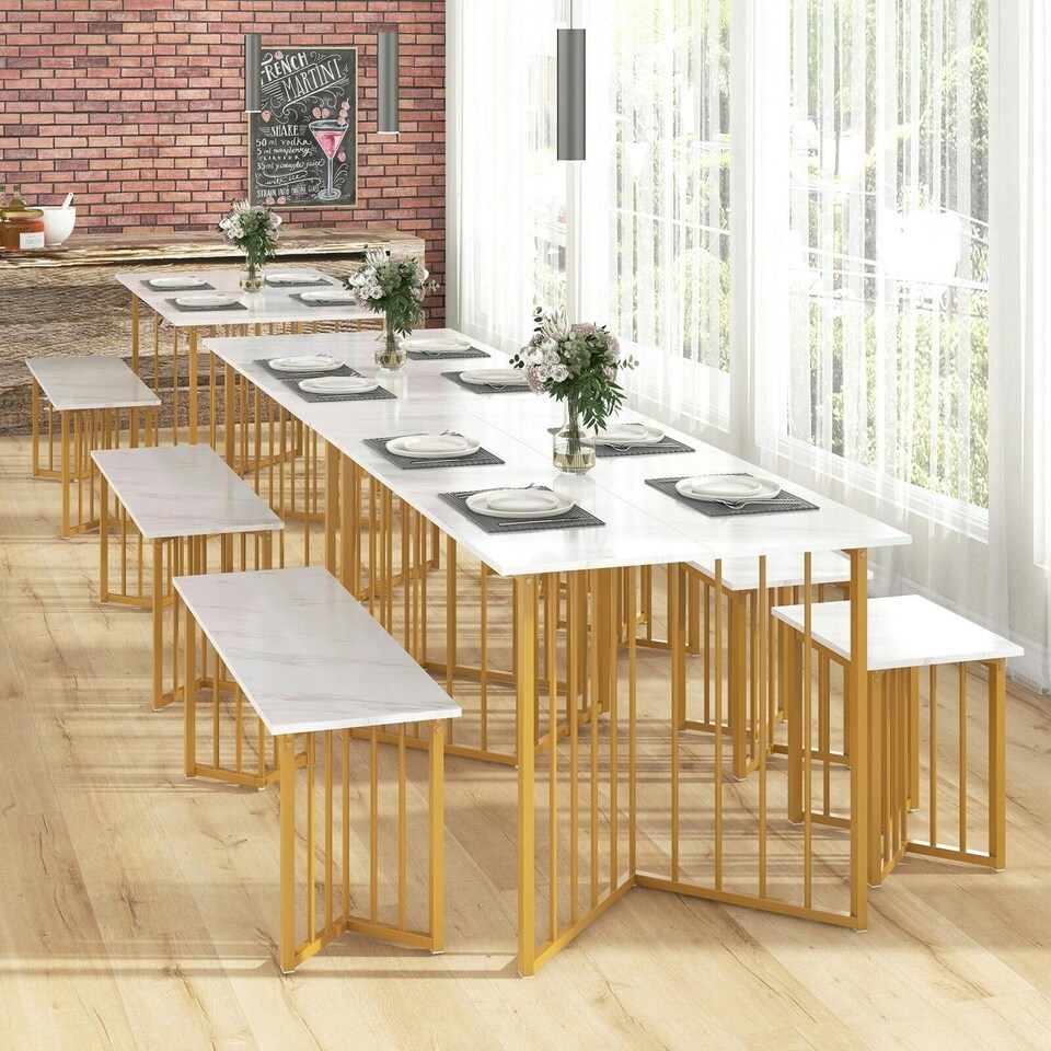 image 1 of COSTWAY 4 Piece Dining Table Set Kitchen Table Bench & 2 Stools White