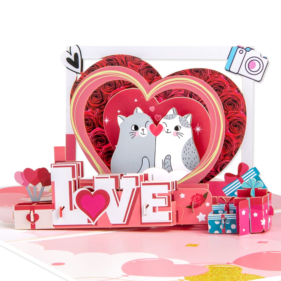 image 1 of Romantic Cats in Heart Frame LOVE Design 3D Pop Up Greeting Card