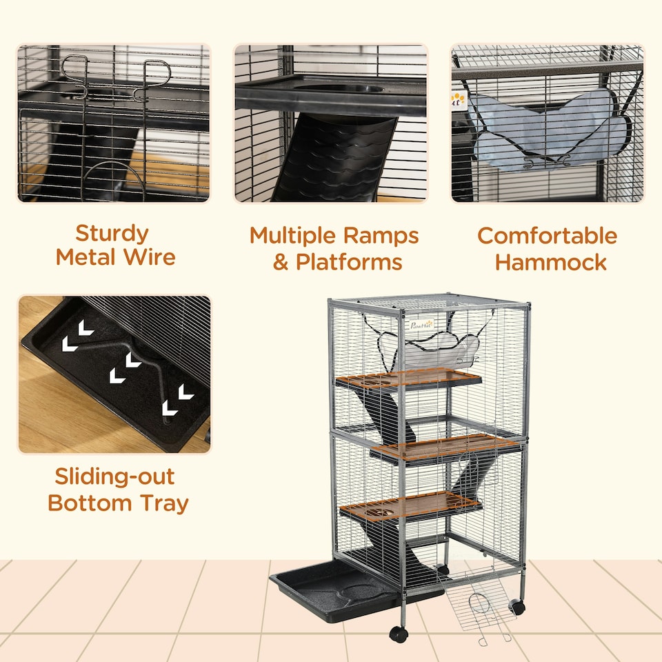 image 1 of PawHut Rolling Small Animal Cage for Chinchillas Ferrets Kittens W/ Ramp Silver