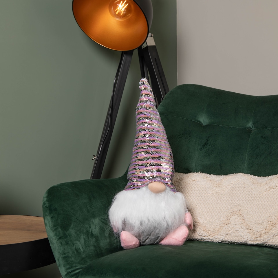 image 1 of 46cm Plush Christmas Bearded Gonk with Pink & Silver Sequined Hat Christmas Decoration