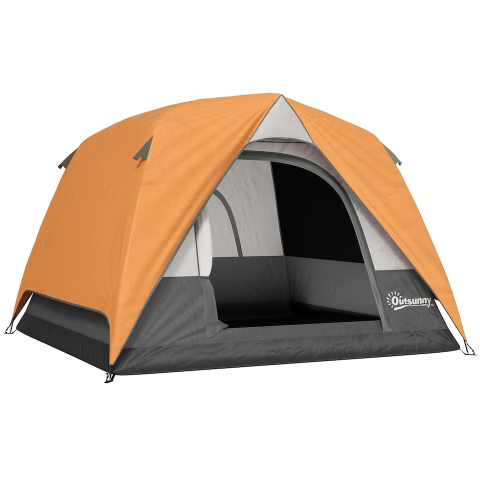 image 1 of Outsunny 3-4 Person Camping Tent, Waterproof Tent Orange | Orange, Grey