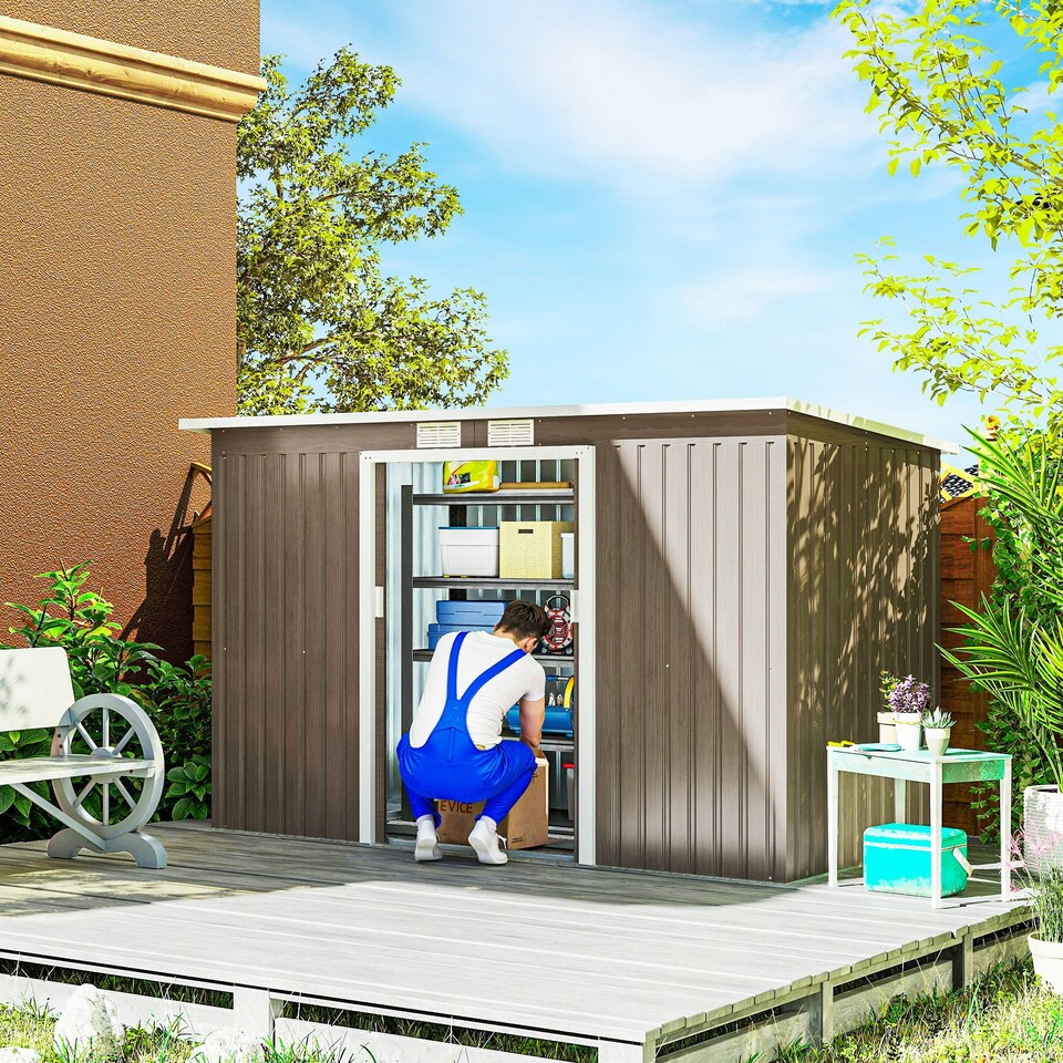 image 1 of Outsunny 9 x 4FT Metal Garden Storage Shed w/ 2 Door, Light Grey Wood Grain Grey