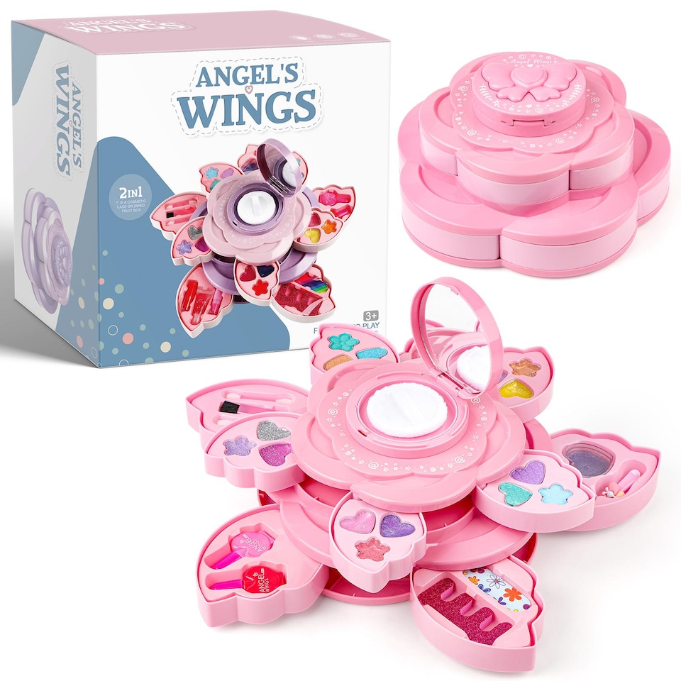 image 1 of Kids Washable Makeup Set - Pretend Play Cosmetic Kit with Lipstick, Nail Polish & Brushes in Flower Case for Girls Ages 3 plus