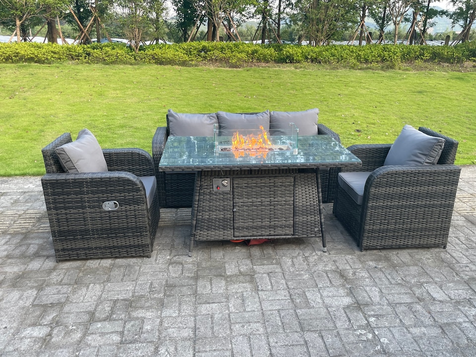 image 1 of Fimous Dark Mixed Grey Rattan Outdoor Garden Furniture Gas Fire Pit Table Gas Heater Sets Lounge Sofa Reclining Adjustable Chairs 5 Seater