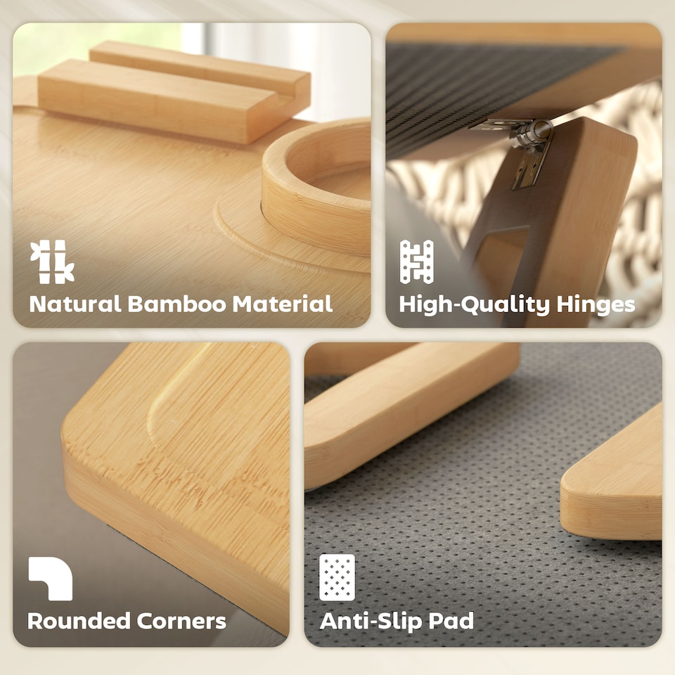 image 1 of HOMCOM Anti-Slip Sofa Armrest Tray with Phone and Cup Holder, Natural