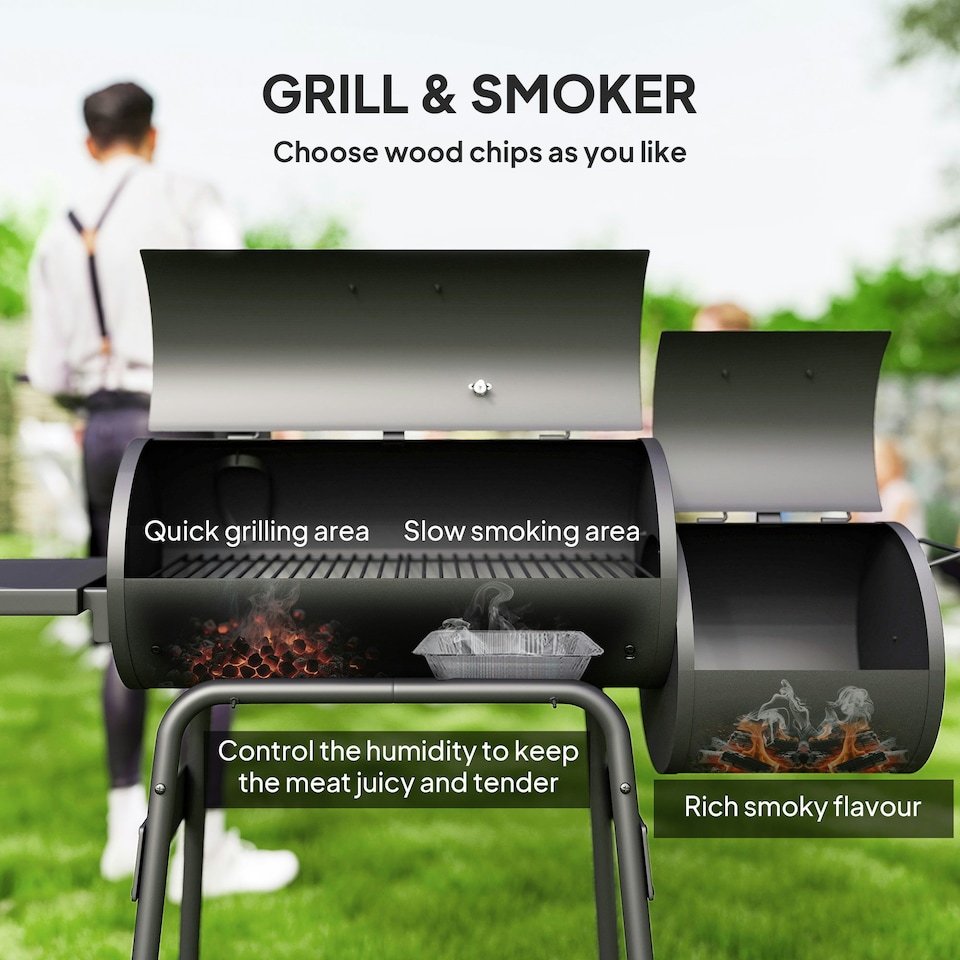 image 1 of Outsunny Portable Charcoal BBQ Grill Steel Offset Smoker Combo Backyard
