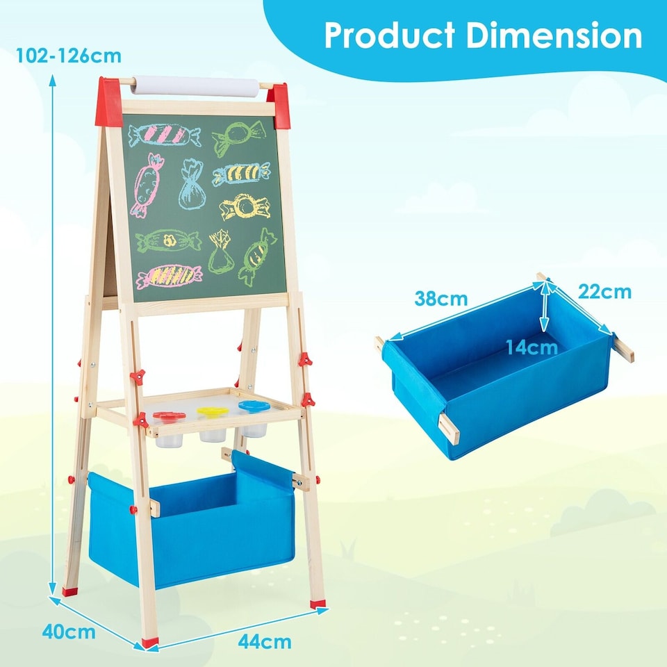 image 1 of COSTWAY Wooden Kids Art Easel Double Sided Easel Blackboard W/Replaceable Paper Roller