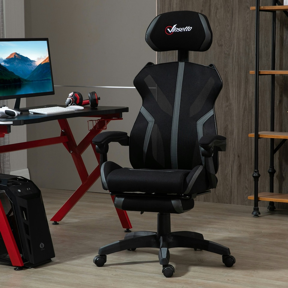 image 1 of Vinsetto Mesh Task Swivel Chair Office Desk Recliner w/ Lumbar Support, Grey