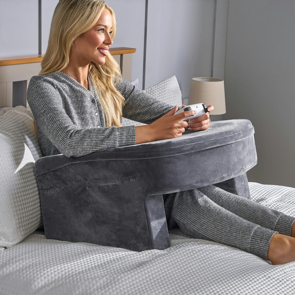 image 1 of OHS Soft Comfy Armrest Reading Laptop Gaming Bed Desk Lap Pillow With Storage Pockets Grey | 65 x 56 x 34cm