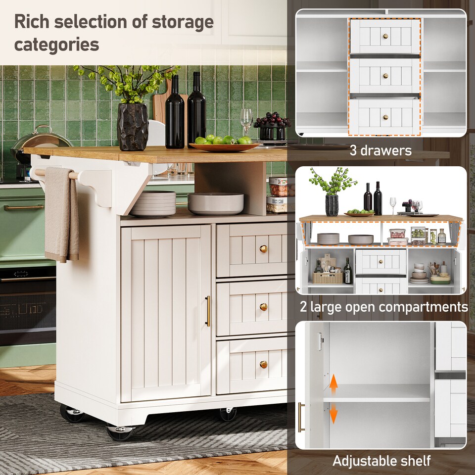 image 1 of VILUXE Kitchen island, cabinet, sideboard 120 x 40 (80) x 95 cm, extendable kitchen trolley with casters, extendable on both sides, with towel rail and spice rack, two doors, three drawers, black/white