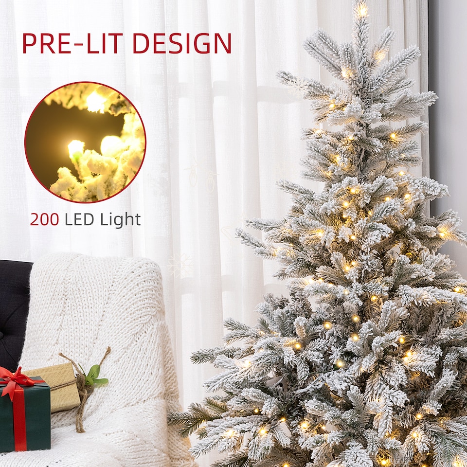 image 1 of HOMCOM 5ft Prelit Snow Flocked Artificial Christmas Tree with Warm White LED Light and 931 Tips, Metal Base, Snowy Realistic Xmas Tree