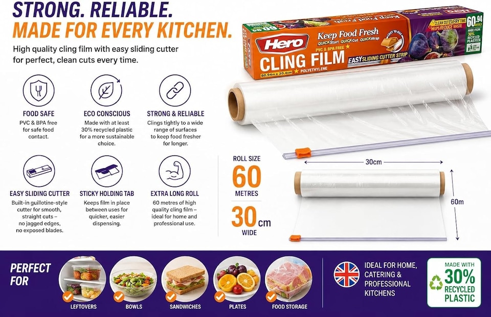 image 1 of Hero Cling Film 60m x 30cm with Easy Sliding Cutter – Kitchen & Catering Cling Film Dispenser | PVC & BPA Free Food Wrap