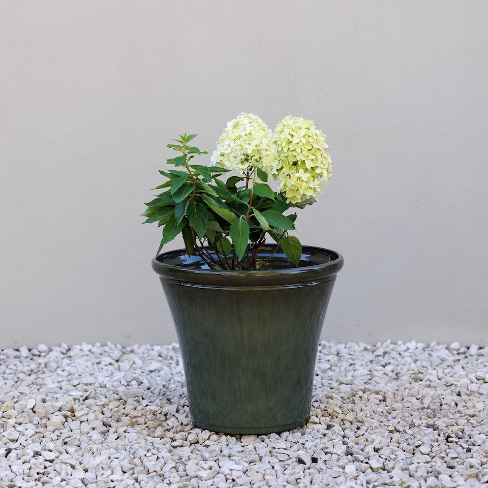 image 1 of Glazed Green Ceramic Look Tapered Outdoor Garden Planter 35cm | Green | Green | Small H30.5 x Ø35 cm